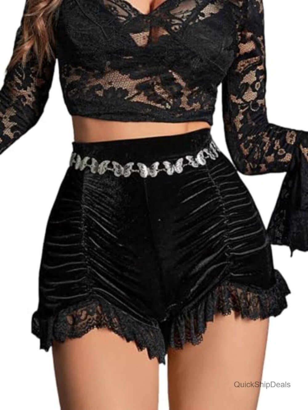 Velvet High Waist Ruched Lace Patchwork Mini Shorts Y2K Gothic